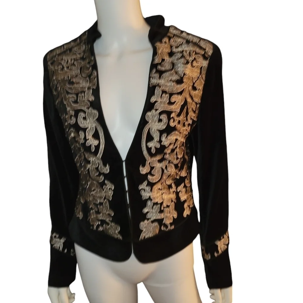 White House Black Market Velvet and Embroidery Jacket Black Gold 14 - Picture 1 of 5